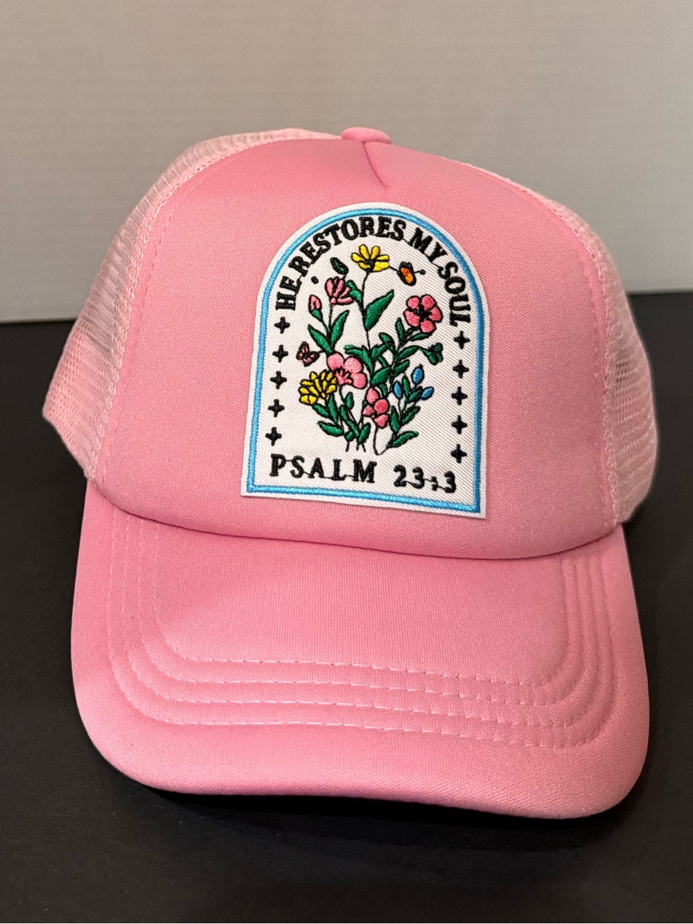 Pink Trucker Hat with Floral Psalm 23:3 Patch. Custom & new